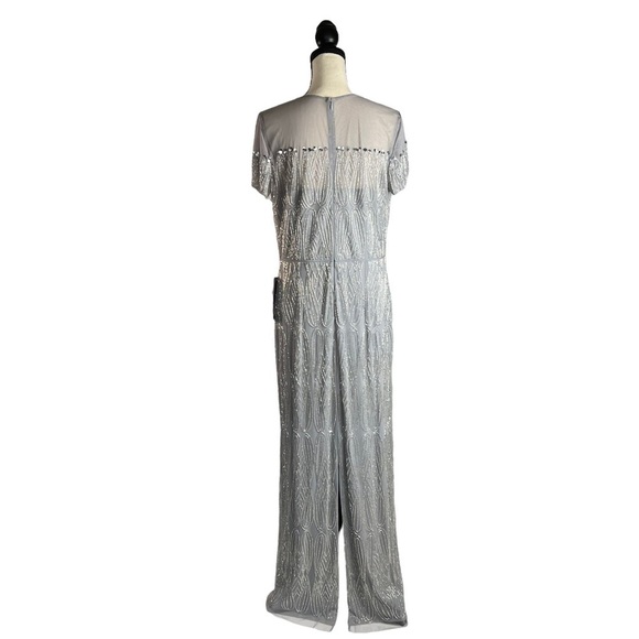 JS Collections Illusion Yoke Beaded Column Gown Dress Silver / Grey plus Formal - Picture 6 of 15